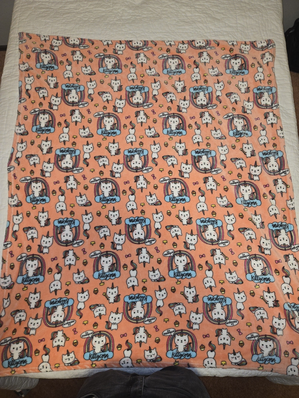 Kensie Girl Peach Plush Blanket with Kitty and Unicorn Motif